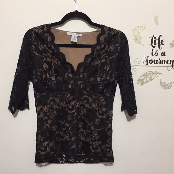 Cabi Black Lace Overlay V Neck Blouse 